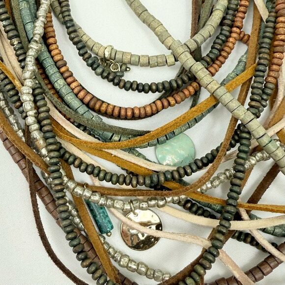 Chico's SERENA Brown Green Wood Bead Leather Multi Strand Boho Charm Necklace - Picture 15 of 16